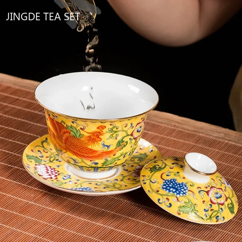 Ceramics Sancai Gaiwan Bowl Dragon and Phoenix Master Cup Tea Cup Handmade Enamel Color Tea Bowl High-end Respect Tea Set