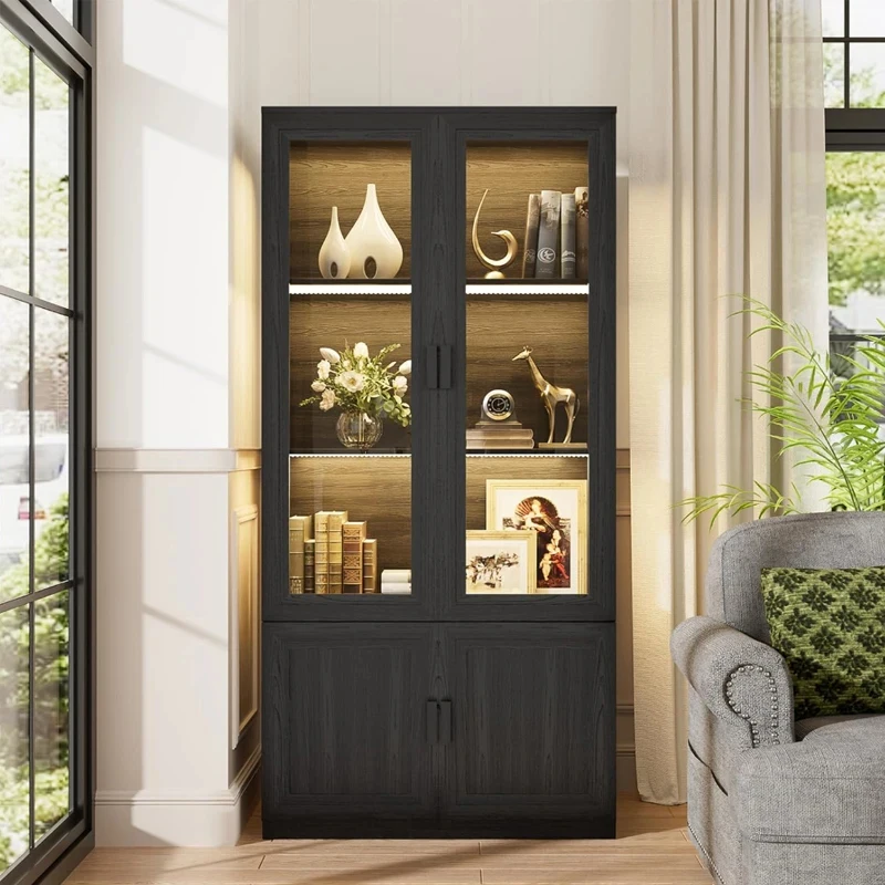 custom.Custom Curio Display Wood Grain Storage Cabinet LED Dust-proof Showcase Available Tempered Glass