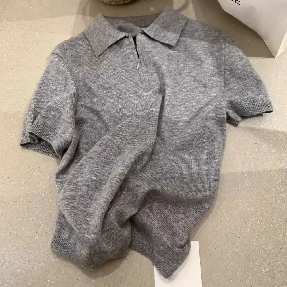 니트 스웨터 여성 풀오버 새로운 화이트 블랙 반팔 니트 스웨터 풀오버 여성 탑스 턴다운 칼라 니트웨어 Q2645