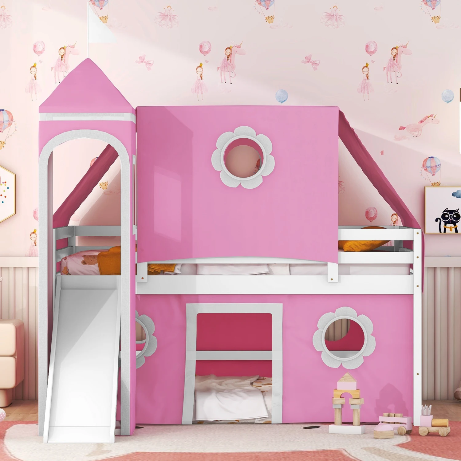 Full Size Loft Bed with Slide Pink Tent and Tower - Pink