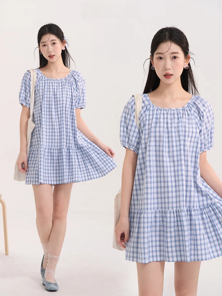 

Летнее женское хлопковое платье Heme в корейском стиле с круглым вырезом, в клетку, с рукавами-фонариками, омолаживающее, милое, повседневное