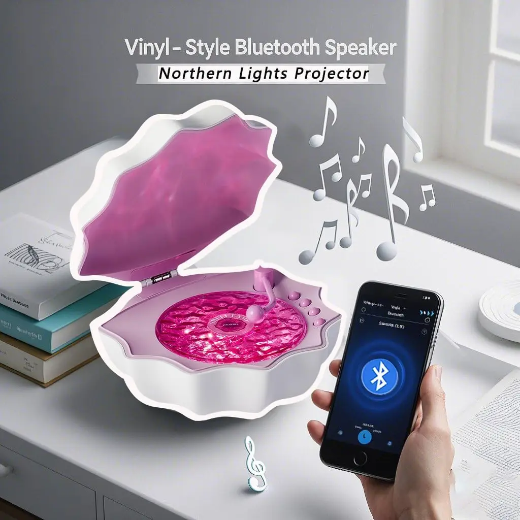 Speaker Bluetooth Vinil Retro Nirkabel dengan Alat Bantu Tidur Kebisingan Putih & Lampu Malam Proyeksi Warna-warni, Pemutar Musik Kamar Tidur