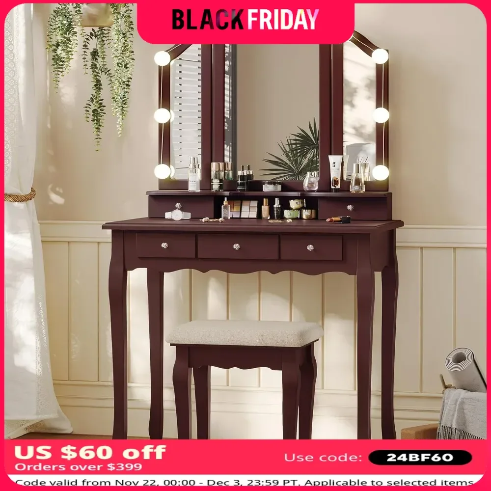 Vanity Desk, Vanity Table with Lighted Tri-Folding Mirror & Stool, Makeup Vanity Set with 10 LED Light Bulbs & 3 Color Lighting