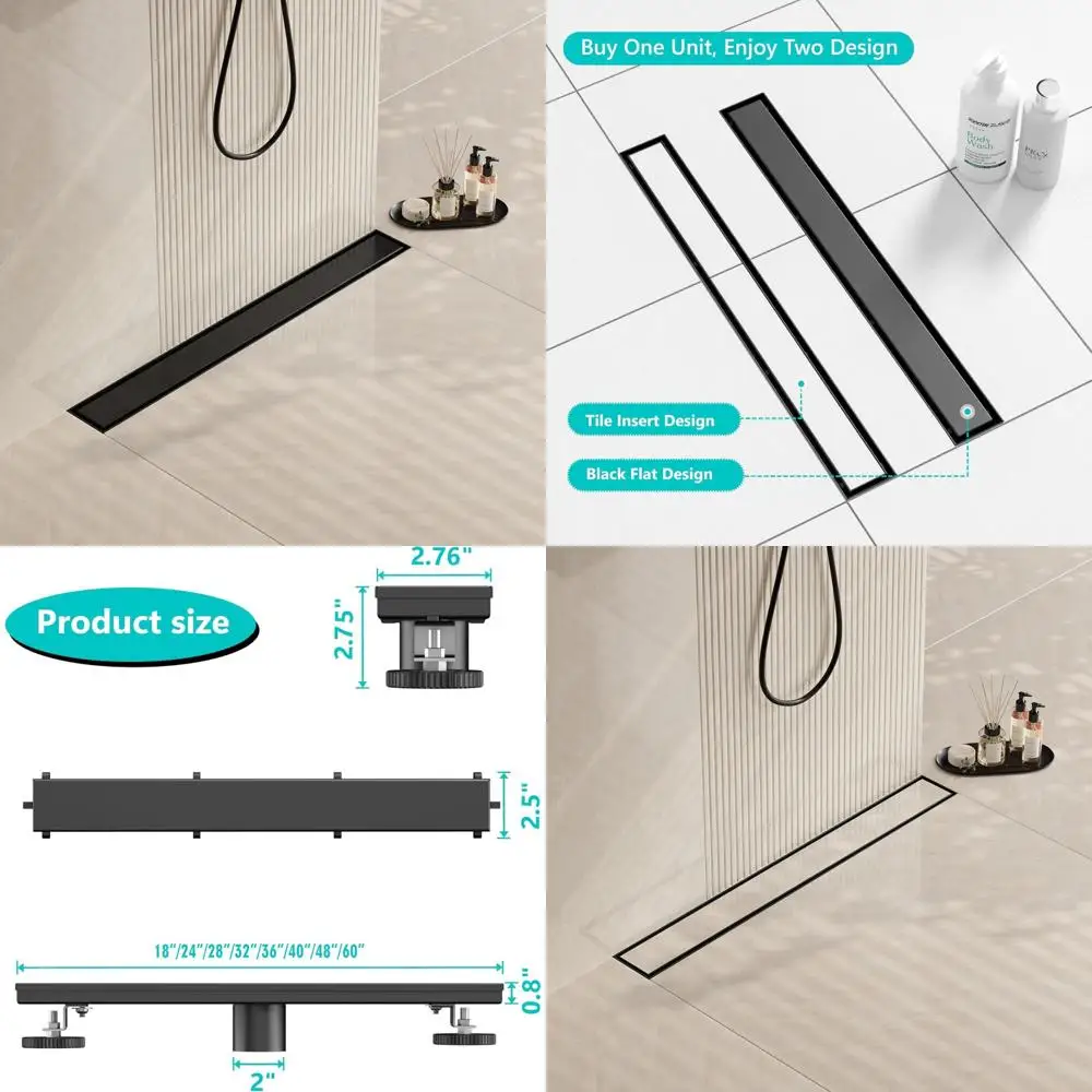 

Matte Black 24 Linear Shower Drain with Flat & Tile Insert Cover, Stainless Steel Rectangle Floor Shower Drainage System