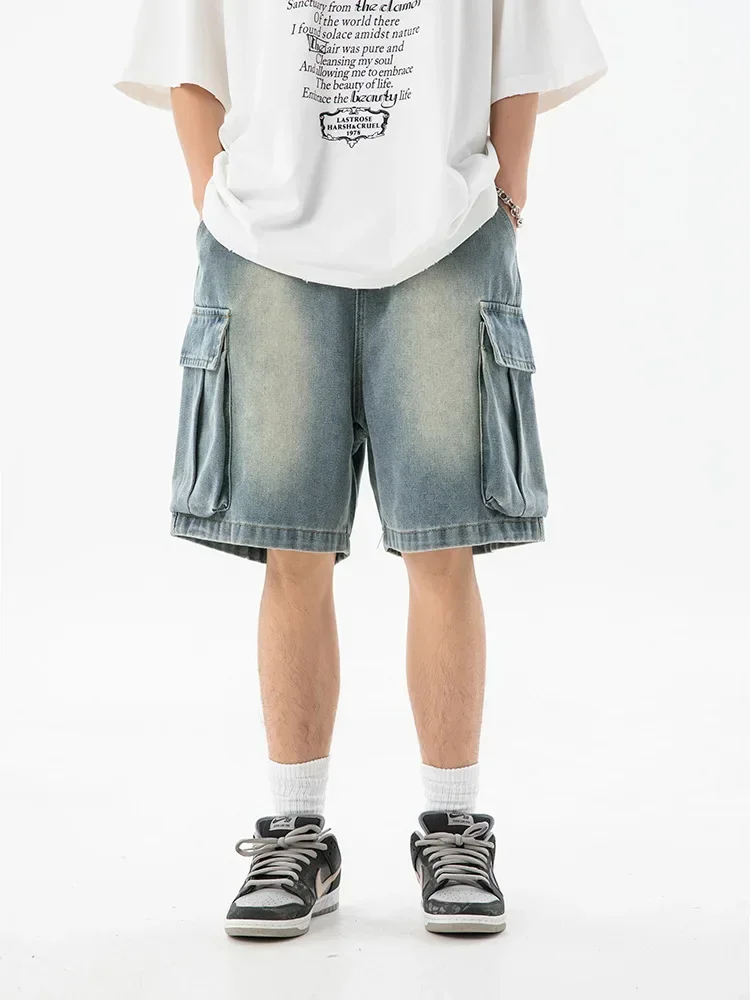 Old Washed Cargo Denim Shorts Men\'s Summer New Style Loose Side Three-dimensional Large Pocket Casual Five Quarter Pants