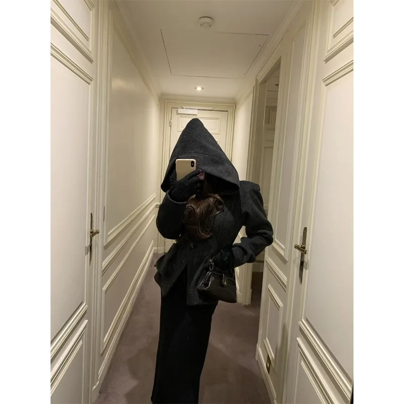 

Black Woman Hooded Woolen Coat with Ancient Coat