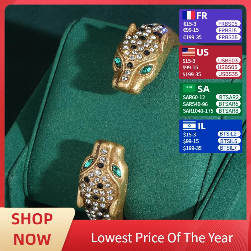 

Vintage Green Eyed Leopard Head Opening Bangles Handmade Charm Bracelet Gold Color Antique Jewelry for Women Rhinestones New