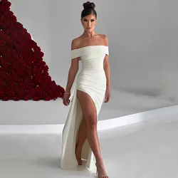Elegant Evening Dress Pure Color Off-Shoulder Women's Sexy High Waist Side Slit Long Dress Formal Women's Party Evening Dress