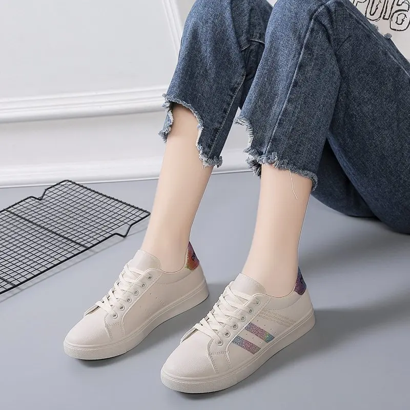 Spring Autumn New Anti-Slip Casual Shallow White Shoes Women Flat Bottom One-Legged Versatile Sports Leather Student Board Shoes