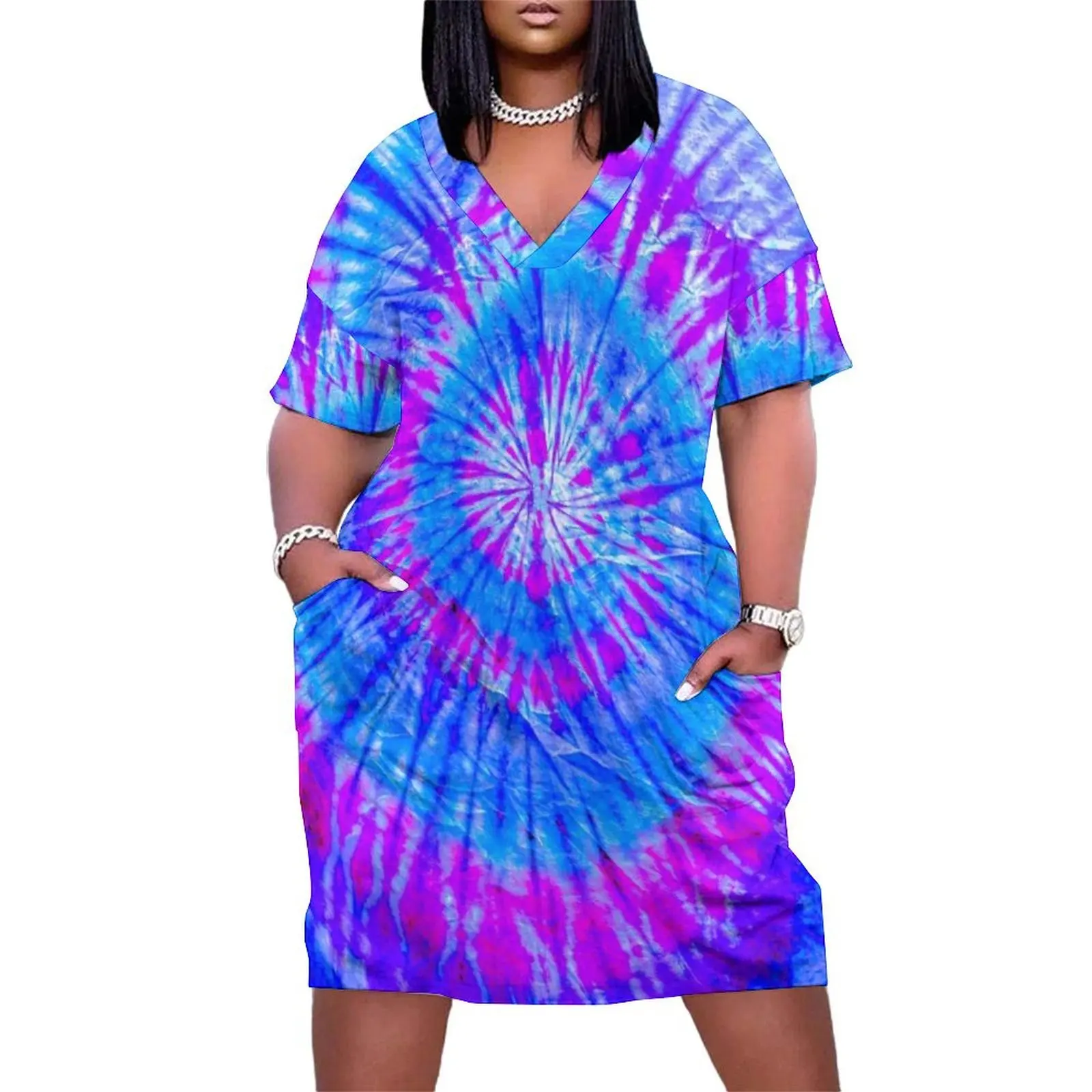 

Tie Dye Rainbow Spiral - Blue and Purple Loose Pocket Dress long dress women summer dress women summer elegant women's sets