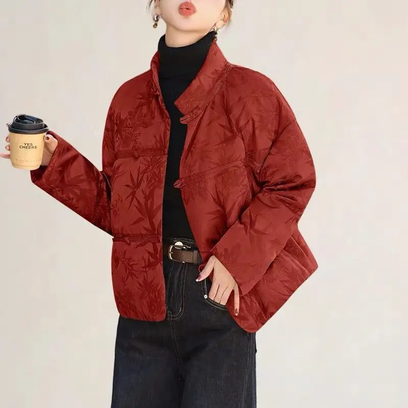 

Утепленная бамбуковая жаккардовая хлопковая куртка, женское пальто с воротником-стойкой на пуговицах в виде лягушки, китайская свободная осенне-зимняя верхняя одежда