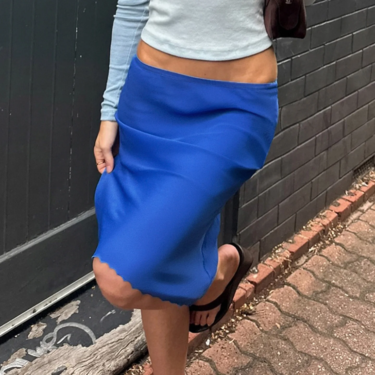 Women's Klein Blue Mesh Midi Skirt Low Waist Sexy Elegant Figure-Flattering European Style view 2