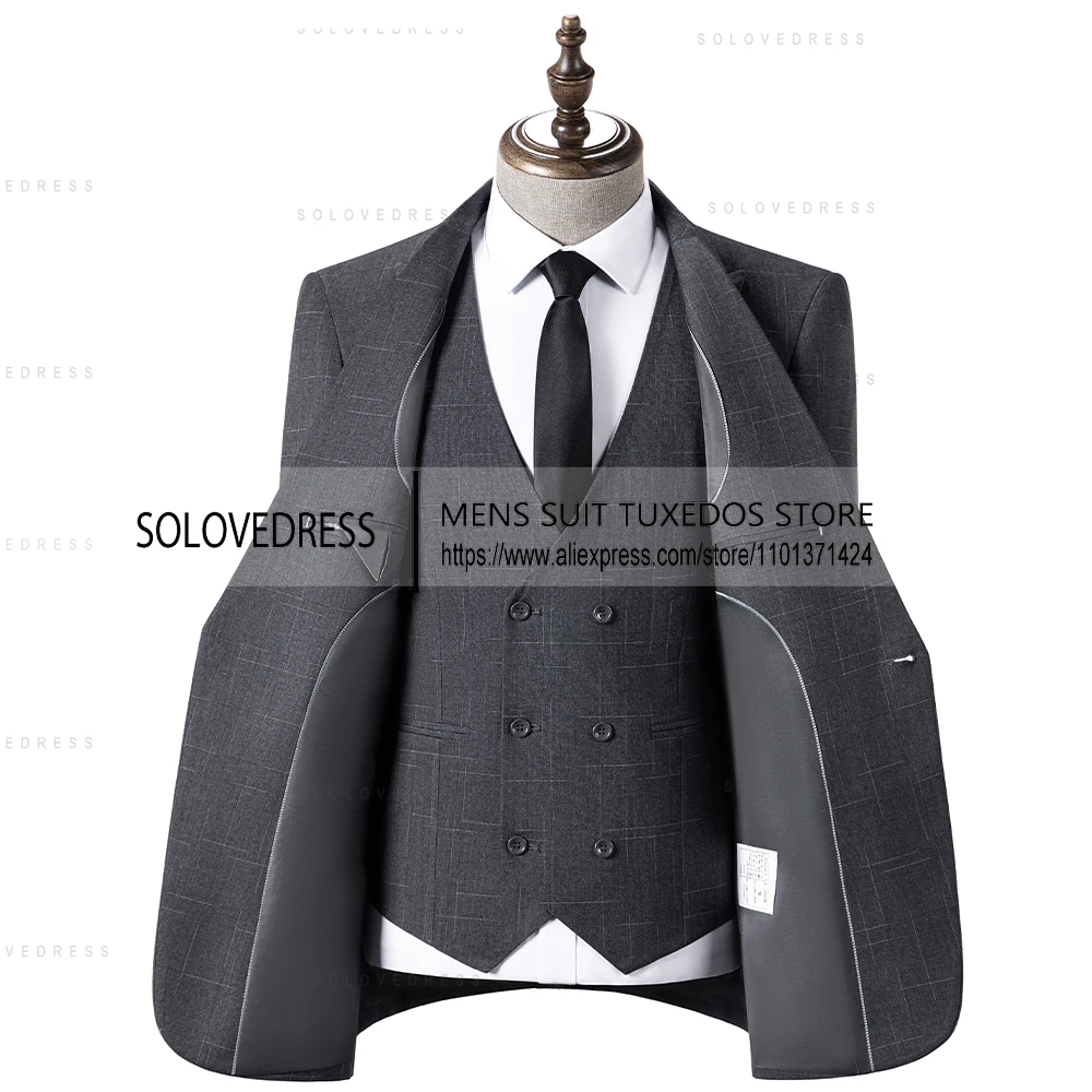 Men's Tuxedos New Arrival Plaid 3 Pieces Double Breated Vest  Formal Slim Fit Mens Suit （Jacket+Vest+Pants）