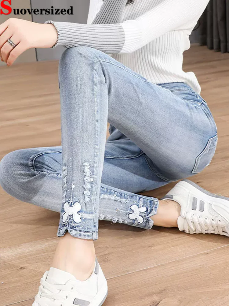 

Эластичные джинсы скинни с бантом, облегающие винтажные уличные джинсовые брюки до щиколотки, модные женские брюки в стиле ретро с высокой талией Vaqueros