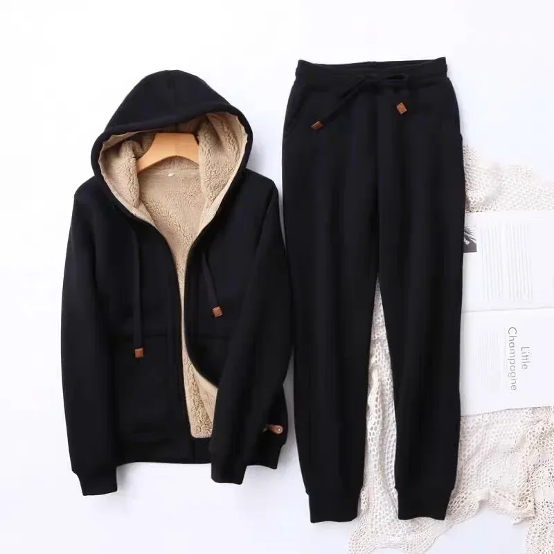 2024 Winter Plus Velvet Casual Suit Women\'s Thickened Simple Solid Long Sleeve Hooded Short Coat Sweat Pants+ Coats for Women