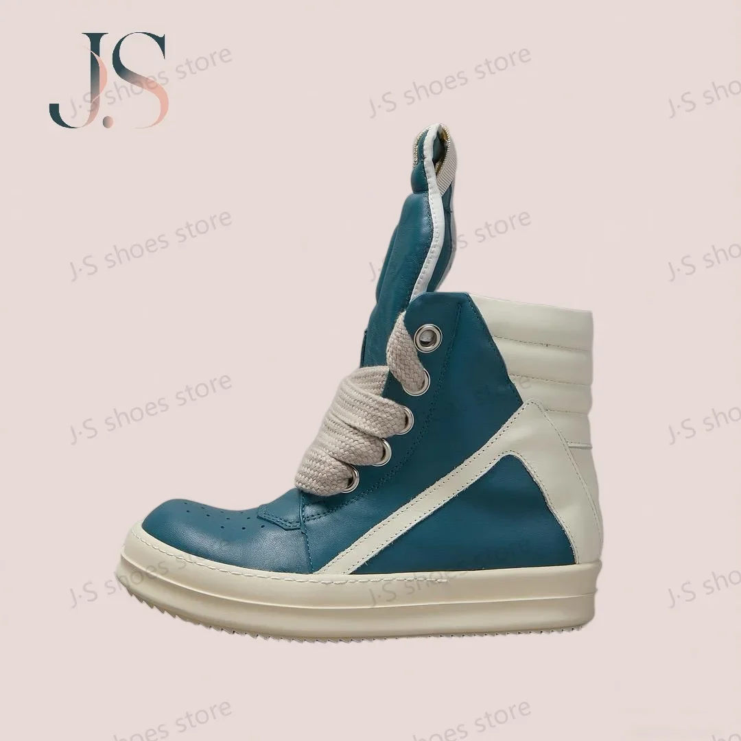 

R-o Men Shoe Cyan Leather Boots High Top Casual Shoes Jumbo Laces Classic Cyan Cowhide Sneakers Zipper Women Sneaker Ankle Boot