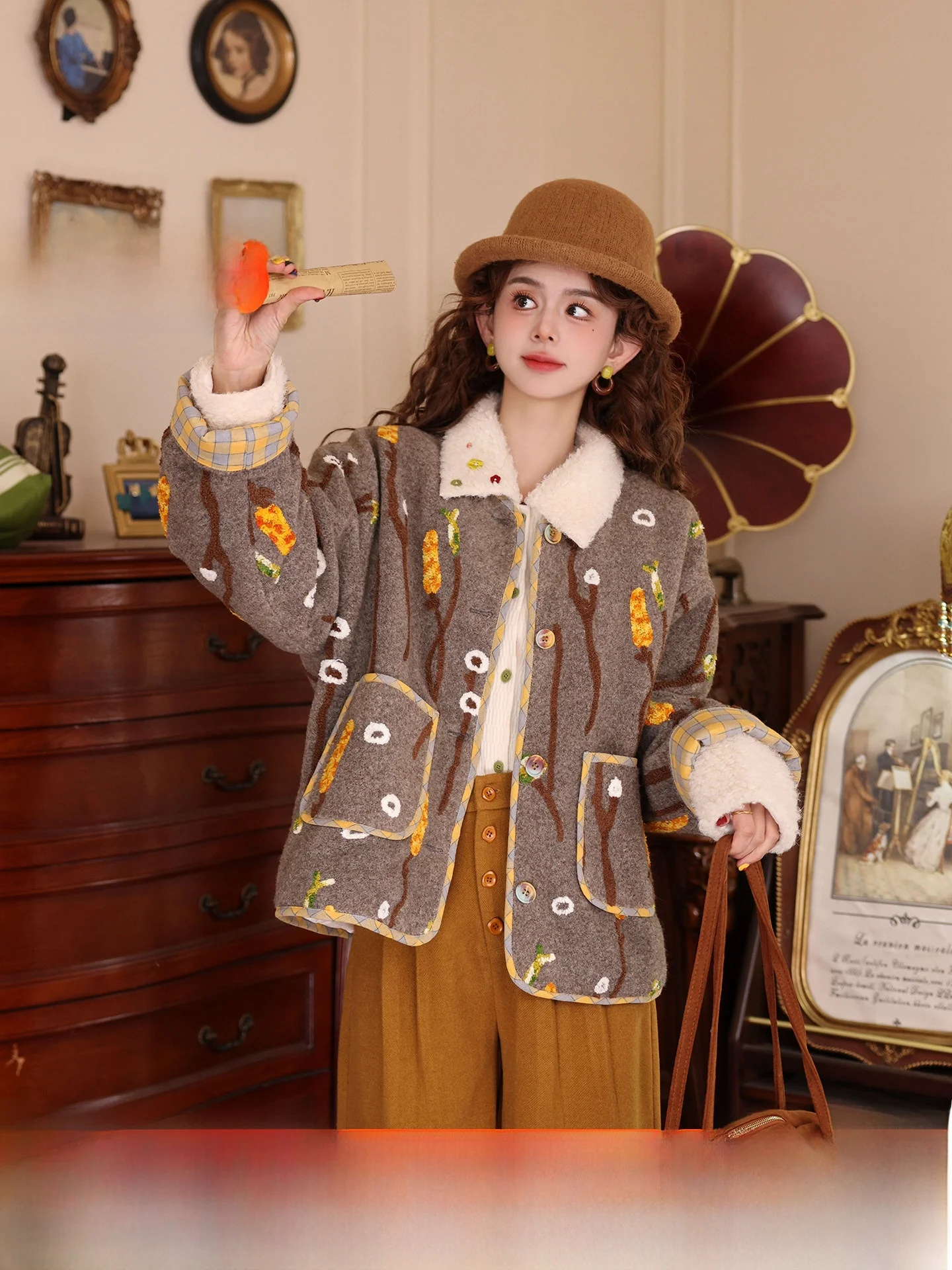 

Женское зимнее теплое свободное длинное пальто Jiangnan Lotus Piing Chen Jiajie из хлопка в стиле ретро