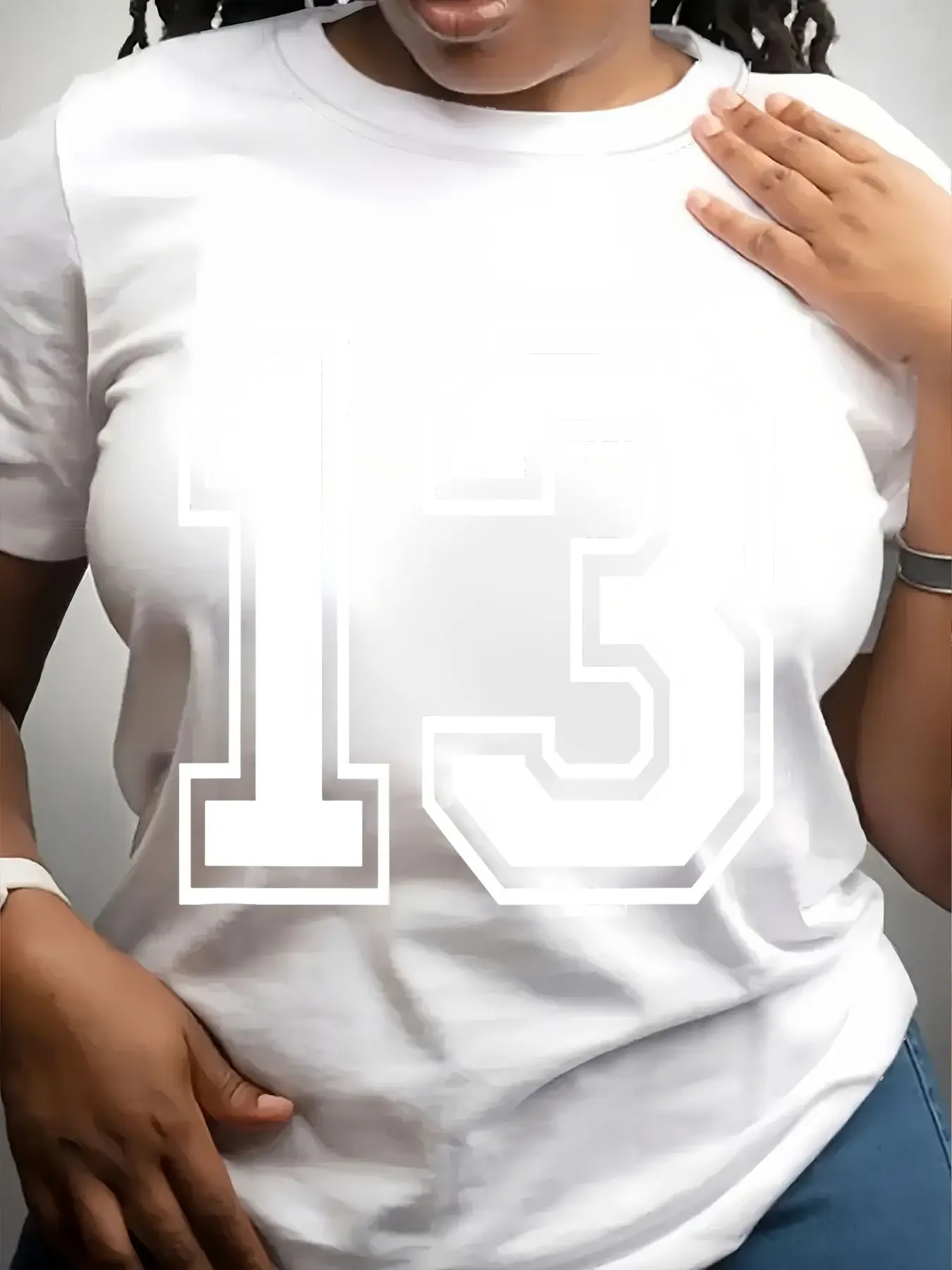 Women's Trendy Crew Neck T-Shirt White Number Thirteen Print Design Suitable for Casual Sportswear