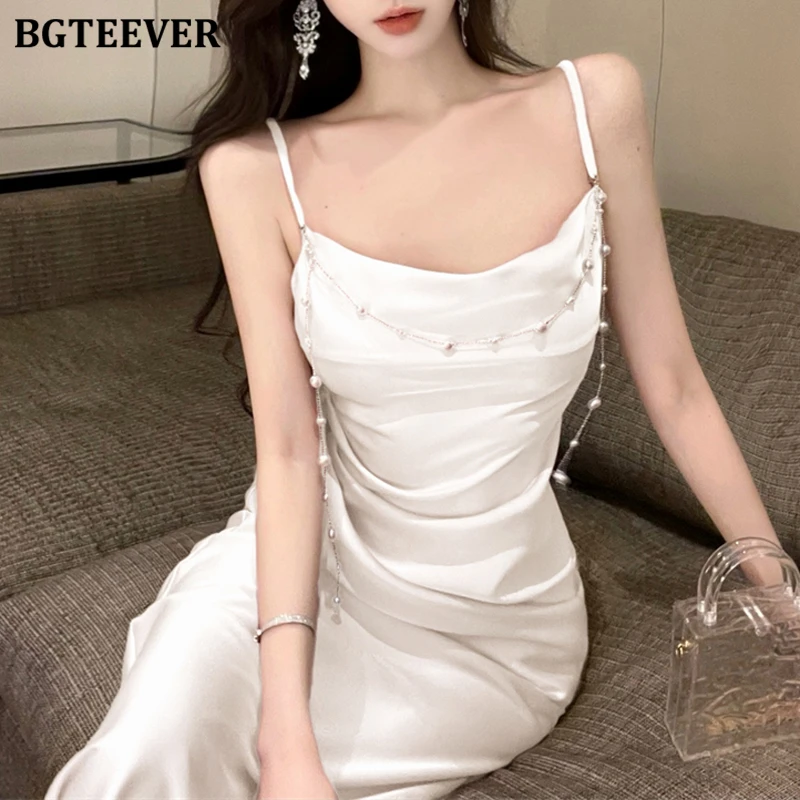 BGTEEVER エレガントなスパゲッティストラップレディーススキニーボディコンサテンドレス夏のヴィンテージスリムウエスト女性ノースリーブパッケージヒップドレス