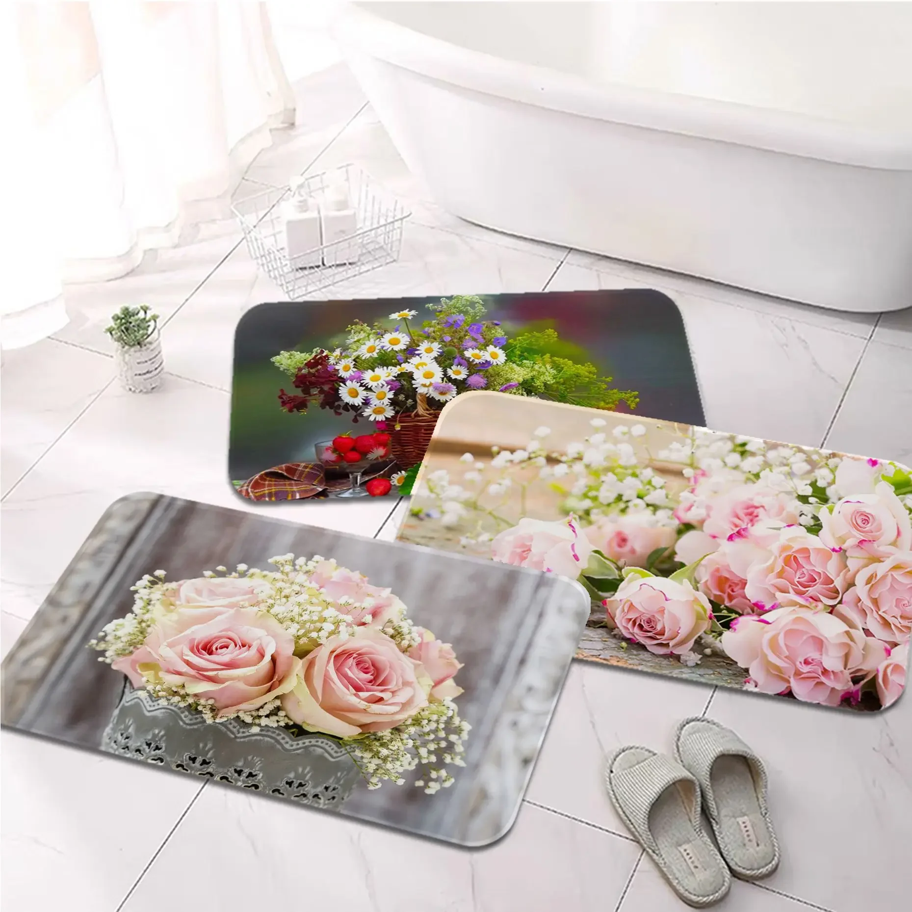 Bucket flowers pink roses vase  Printed Flannel Floor Mat Bathroom Decor Carpet Non-Slip For Living Room Kitchen welcome Doormat