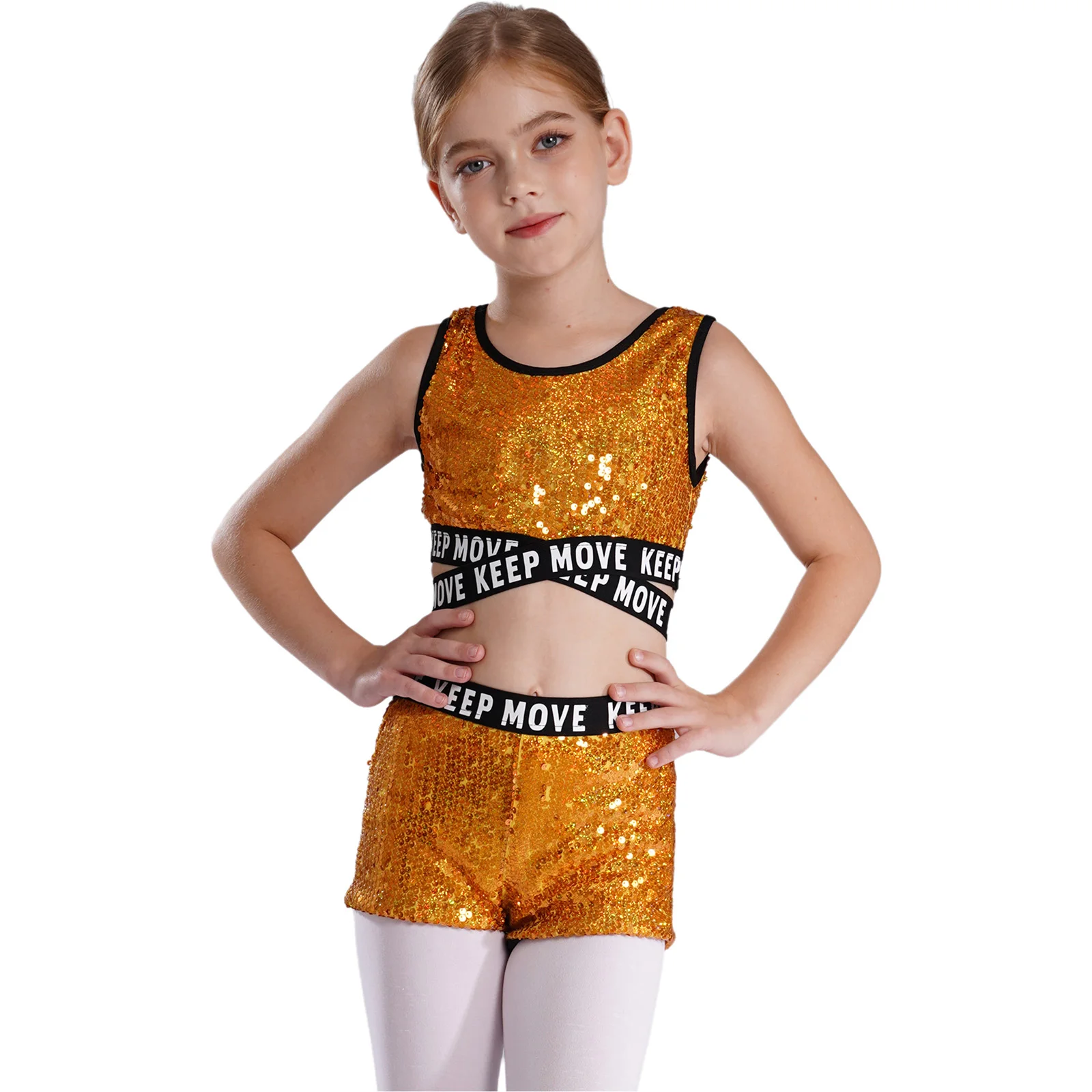 Kids Girls Sequins Crop Tank Top and Shorts Set 2 Pieces Modern Jazz Hip-hop Dance Clothes Sparkle Dance Performance Costumes