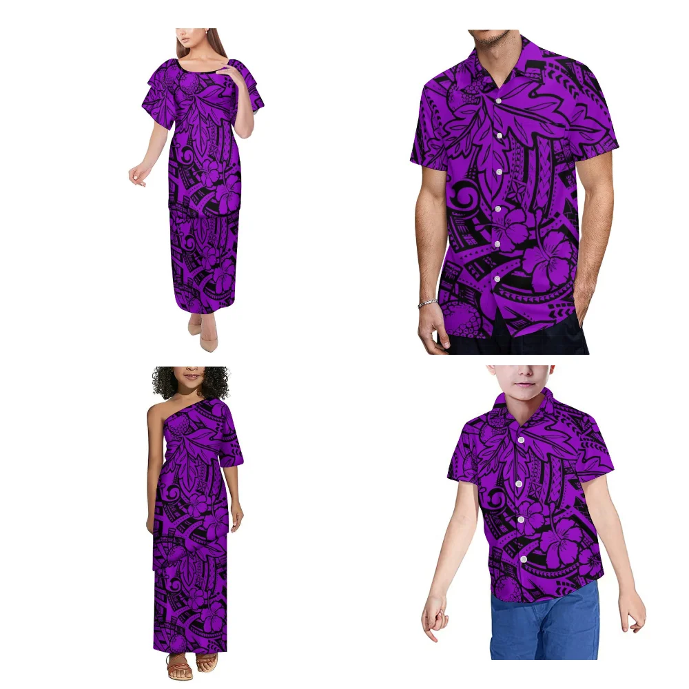 Polynesian Ladies New Dress Home Party Dress Custom Summer Short Sleeved Ladies Girls Puletasi Skirt Men Boys Pocket Shirt