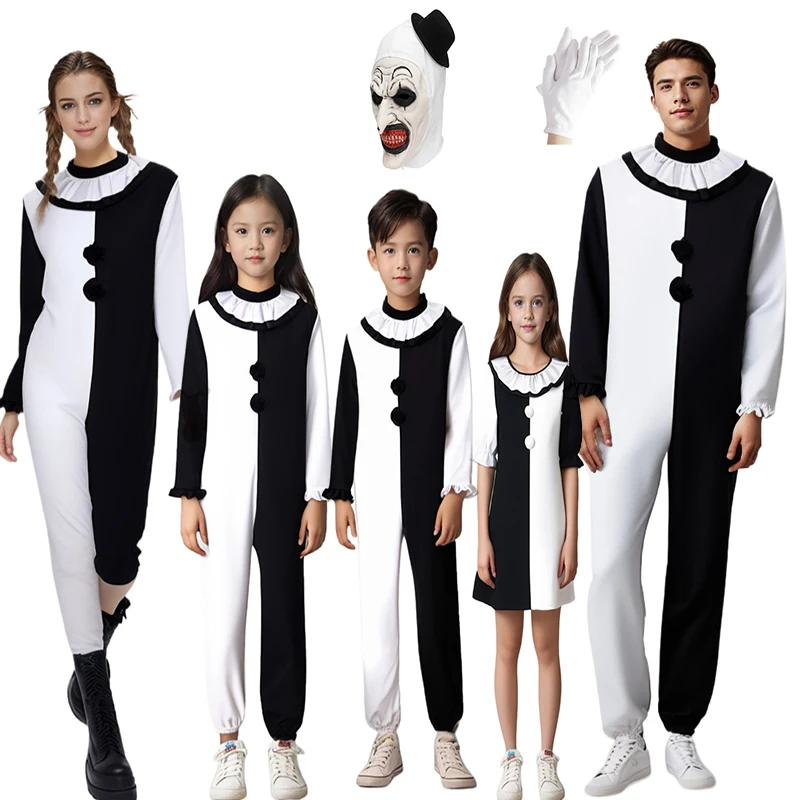 

Adult Boy Girl Art The Clown Movie Terrifier 2 Art The Clown Cosplay Costume Jumpsuit Mask Halloween Costumes Mask For Men Women