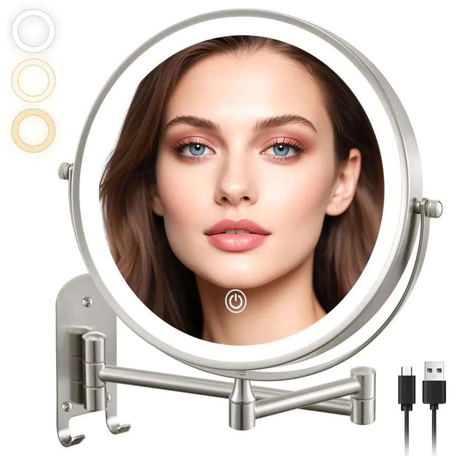 

9 Wall Mounted Lighted Makeup Mirror, Rechargeable 1X 15X Magnifying Mirror with 3 Color Lights Dimmable, 360 Rotation, Nickel