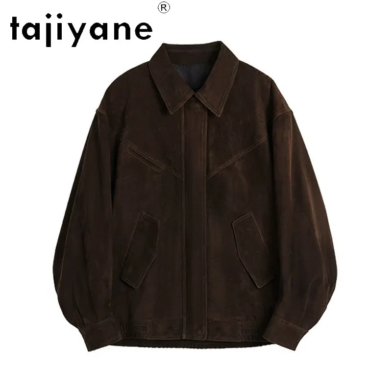 TAJIYANE Genuine Leather Jacket Women Top Layer Goatskin Suede Outerwear Oversized Jackets Mid-length Leather Coat Lapel Jaqueta