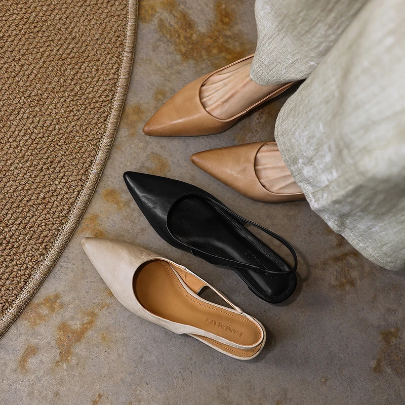 2026 spring summer women sandals natural leather plus size 22-26cm cowhide+pigskin pointed toe back-tied high heel women shoes