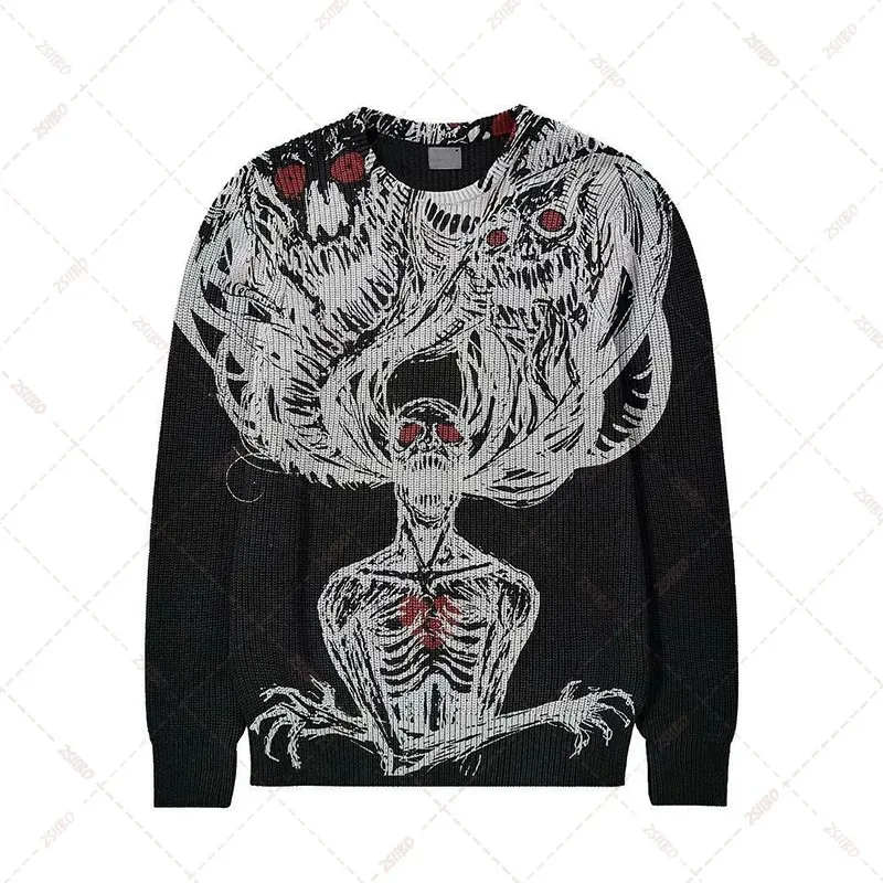 Gothic Pullover Loose O-neck Sweaters Male Women\'s Streetwear Harajuku Sweater Vintage Knitted Hip Hop Halloween terror emo y2k