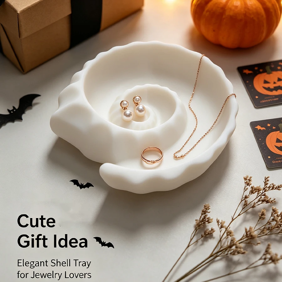 Light Luxury Nautilus-Shaped Matte White Jewelry Tray, Ocean-Themed Scallop-Edged Jewelry Dish, Multifunctional Storage and Display Stand for Rings, Earrings, Necklaces, Vanity Table, Entryway, Bedside Table, Bathroom Countertop Tray, Desktop Accessories, Small Item Storage Tray, Nordic Elegant Style with Smooth Matte Finish, Home Room Vanity Decoration, Jewelry Lover's Gift, Women's Birthday and Holiday Creative Gift