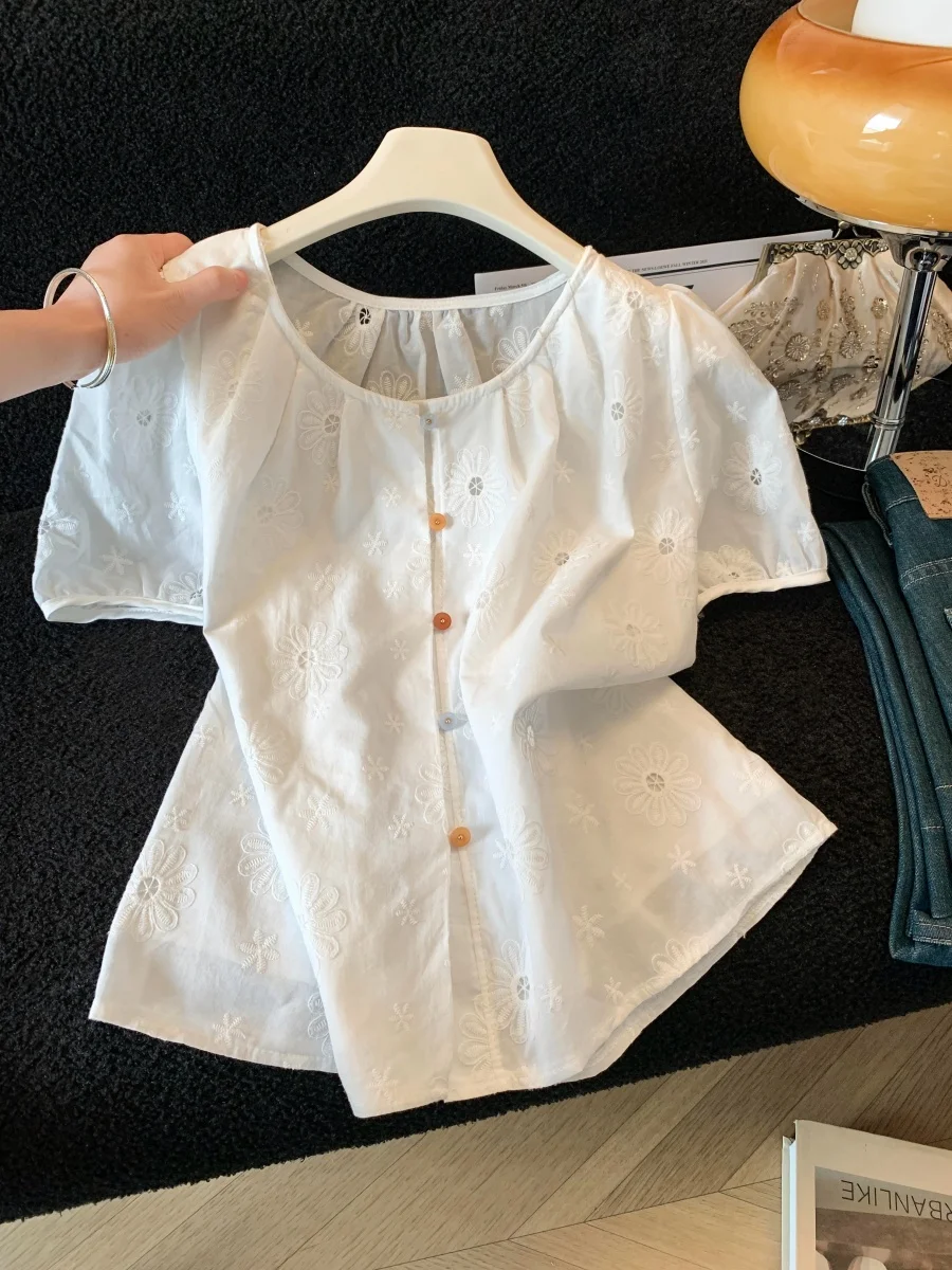 

White Hollow out round Neck Short Sleeve Shirt Women's Summer New Style Bubble Sleeve Shirt Youthful Fashionable Button Short...