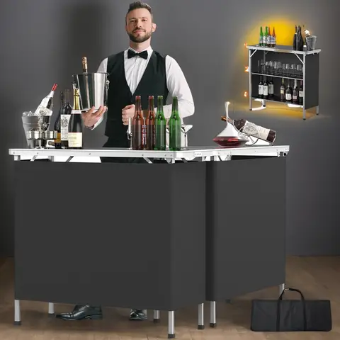 Portable Bar Table, 3-Tier Shelves, Mobile Bar Table for Events, Party Picnic, Tradeshow, Indoor with Black Skirt, 39 "L x 34" H