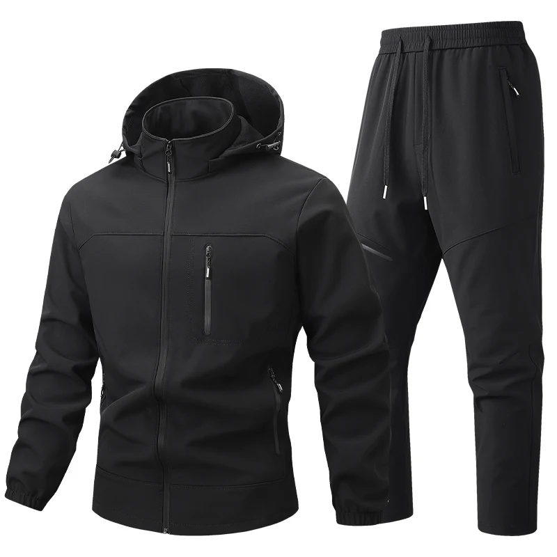 Soft-shell hiking jacket with hood Men and Women's fall/winter outdoor sports outfit High-quality coat and pants two-piece set