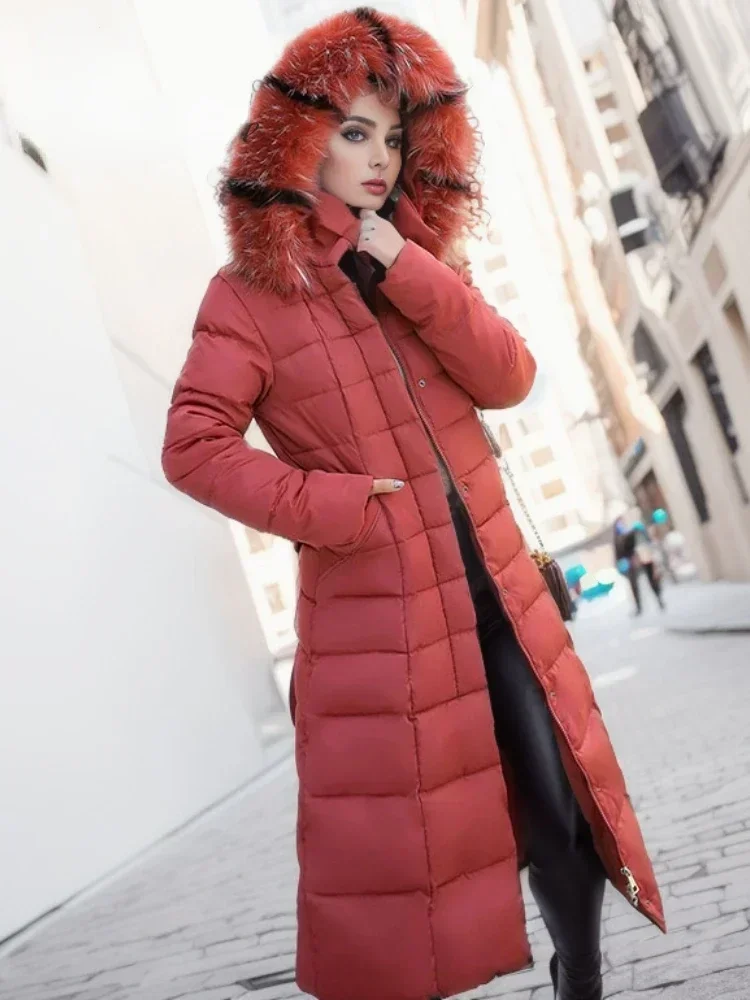 Winter Jacket Women Warm Oversize Padded Black Parkas Long Quilted Tops Coat Women\'s New with Hood Fur Belt Thick Jackets 2024