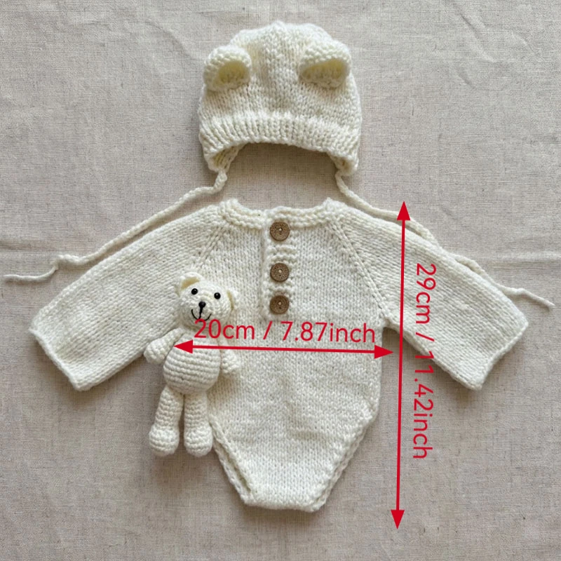Accesorios de Fotografía para Bebés Recién Nacidos Tejidos a Mano, Bonito Conjunto de 3 Piezas con Tema de Oso, Gorro, Mameluco y Juguete, Atuendos para Sesiones de Fotos en Estudio Infantil