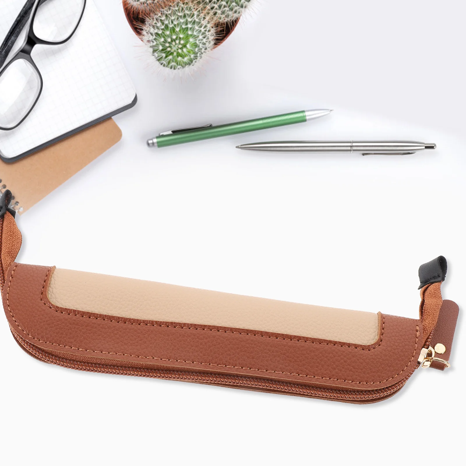 

Color Block Pencil Case Student Holder Compact Size Portable Pen Bag Travel Purse Brush Bag Brown Zipper