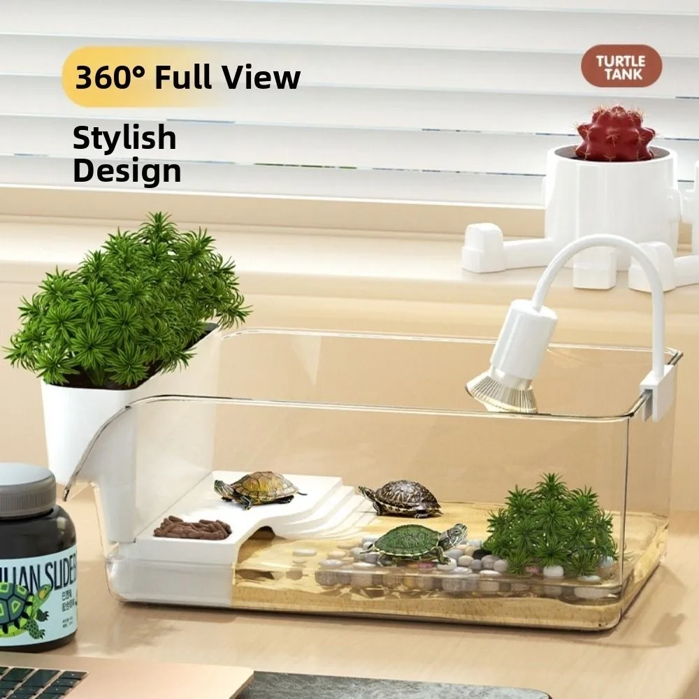 Transparent Turtle Tank with Basking Area Ecological Landscaping Reptile Terrarium Habitat Sun Climbing Aquarium view 2