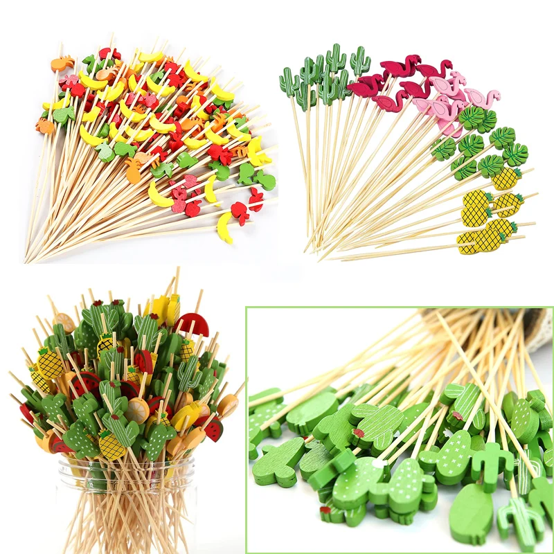 

100Pcs Cocktail Picks Handmade Sticks Wooden ﻿Natural 12cm Flamingo Bamboo Toothpicks Cocktail Sticks Wedding Party Supplies