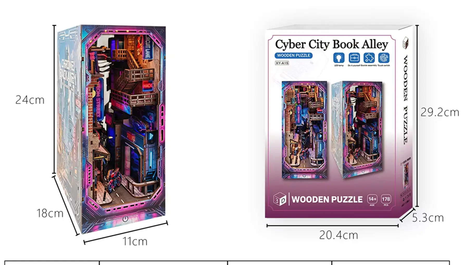 Cyberpunk City Alley DIY Book Nook Kit Wooden 3D Puzzle Miniature House Bookshelf Insert LED Light Model Building Kit Decor Gift