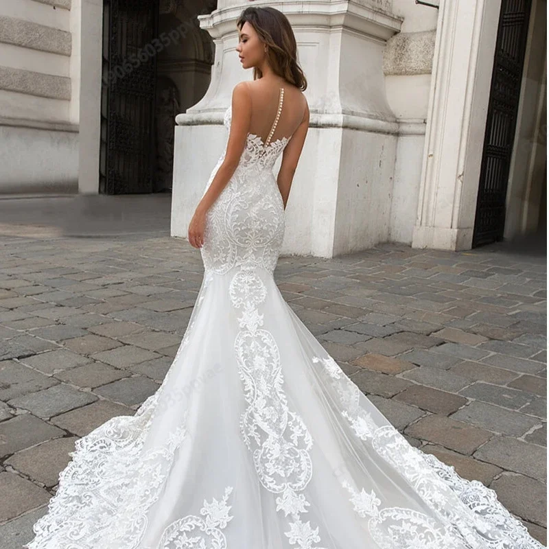 Robe de mariée sirène personnalisée, encolure dégagée, dentelle brodée, appliques, châle, poignées amovibles, cape, robe éducative, Novia, 2025