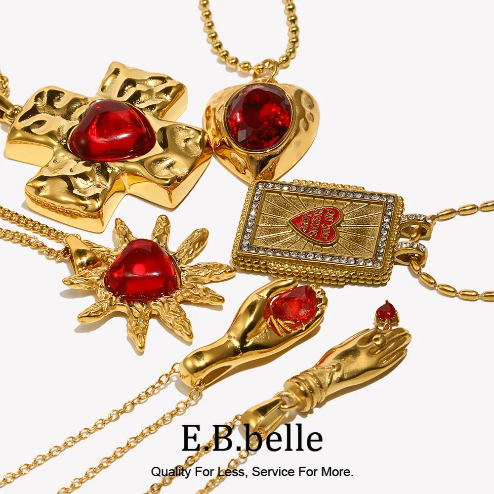 E.B.belle Aço Inoxidável Grande Série de Coração Vermelho Cruz Sol Estilo Doce Declaração Vintage Colar Peddant Banhado A Ouro 18K