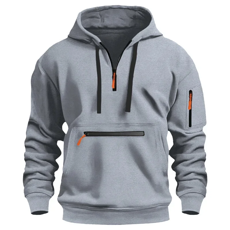 Men's casual sports hoodie, spring and autumn fashion arm pocket pull rope hooded solid color loose long-sleeved blouse pullover