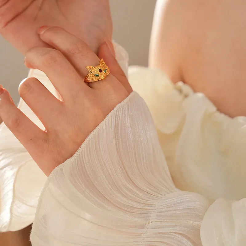 

Gold Plating Gold Fox Adjustable Rings New Chinese Style Finger Ring Luxury Exquisite Design Hand Jewelry for Women Ornament