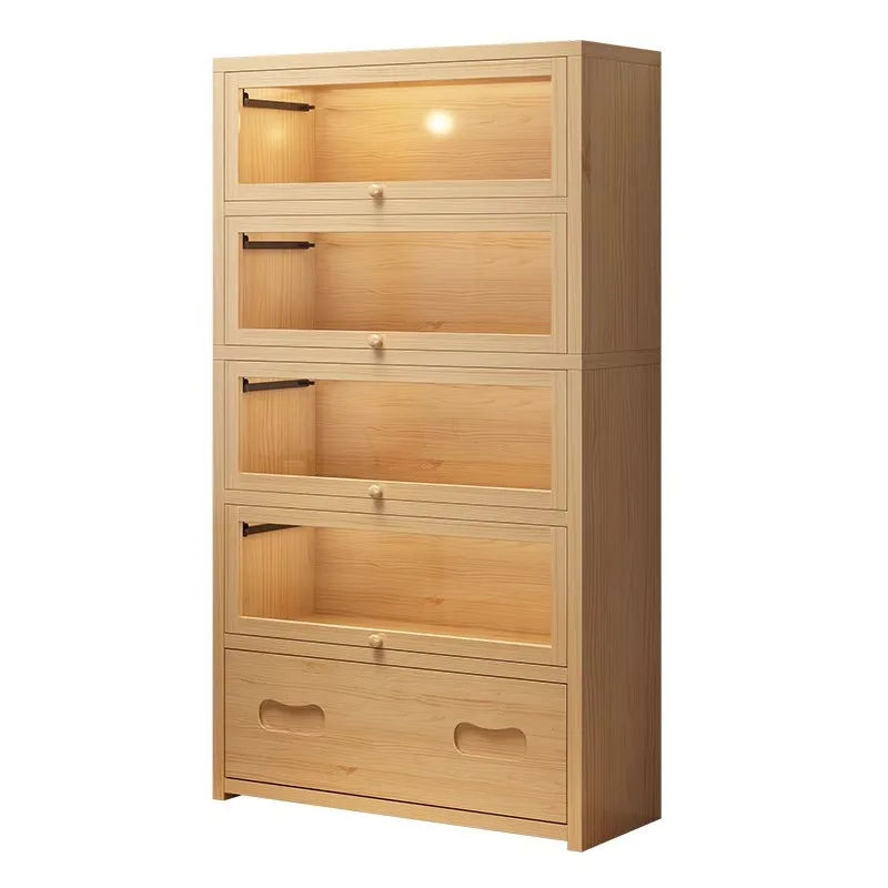Solid wood bookcase, dust-proof locker integrated against the wall, household bookshelf with door to the floor