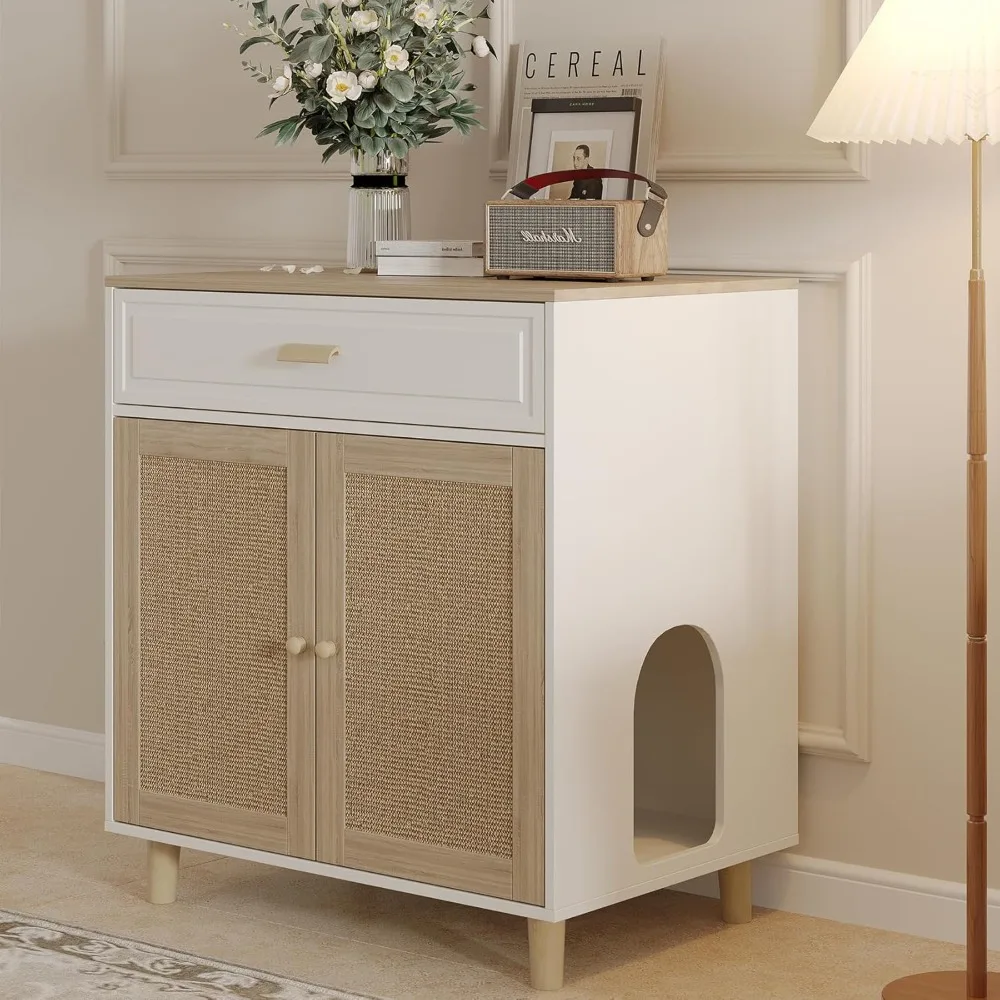 

Cat Litter Box Enclosure Furniture Hidden - Indoor 2-in-1 Wooden Cat House & Washroom Cabinet with Scratching Board Doors and Dr