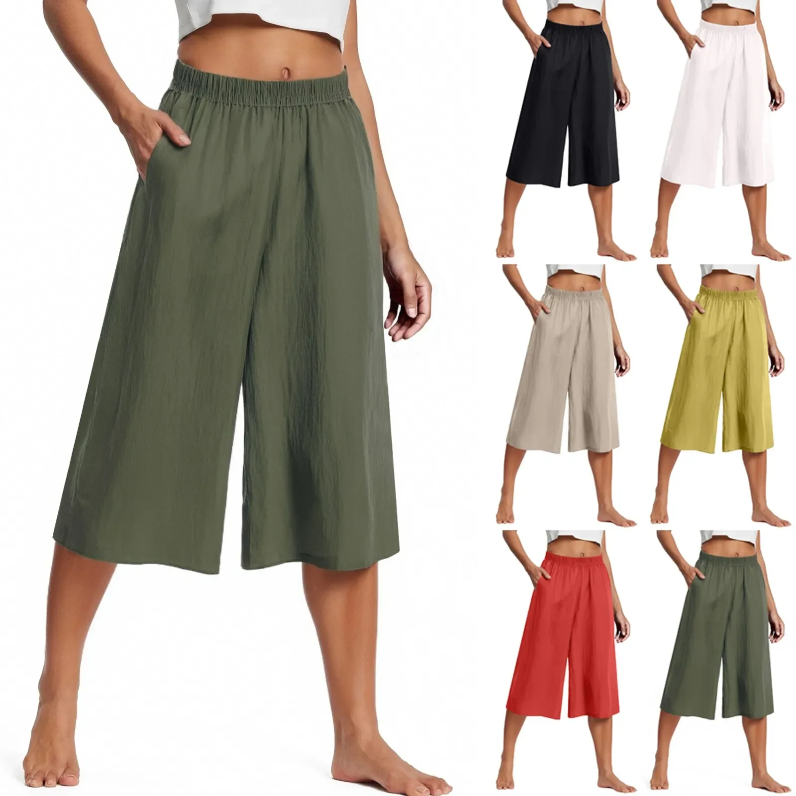 

Feamle Casual and Versatile Lazy Style Wide Leg Pants With Pockets Lightweight High Waisted Loose Cropped Capris