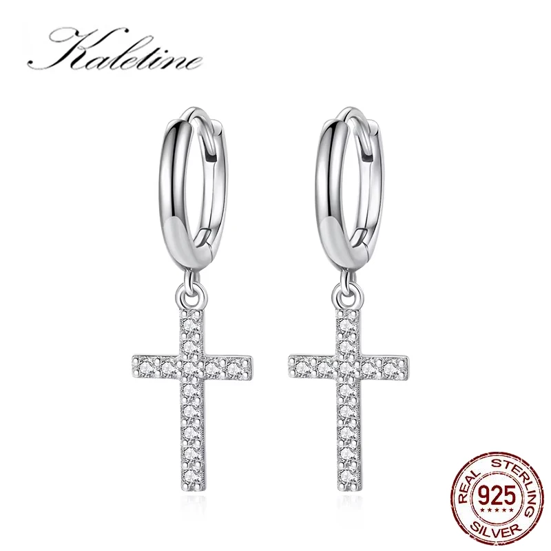 KALETINE Fashion Christian Jesus Cross Zircon Drop Earrings 925 Sterling Silver  Simple Pendants Earrings For Women Men Jewelry