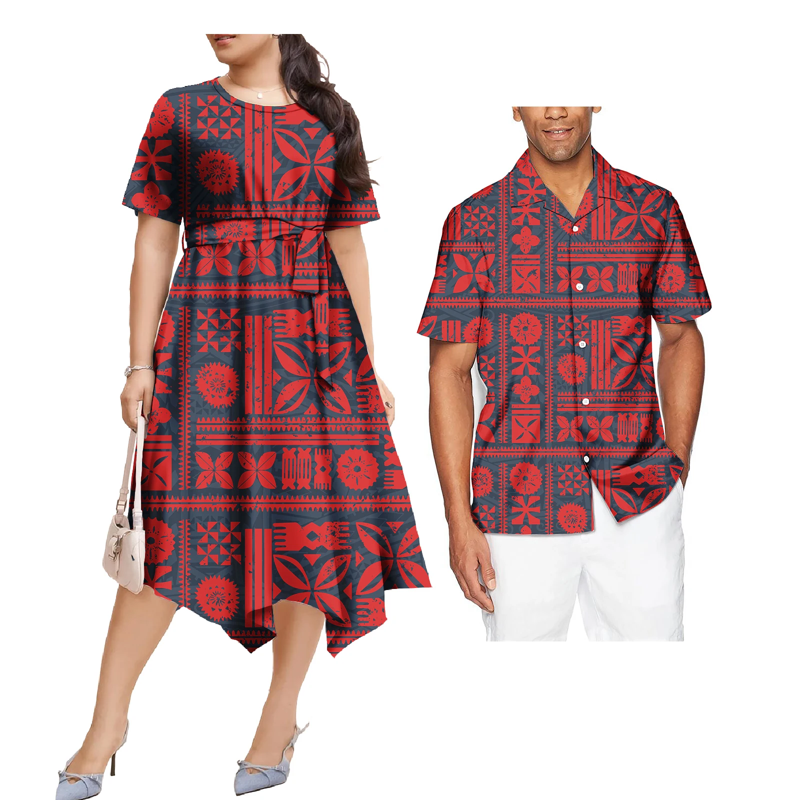 Best Price Polynesian Tonga Tribal Women Elegant Island Dress Matching Plus Size Mens Shirts Couple Clothes